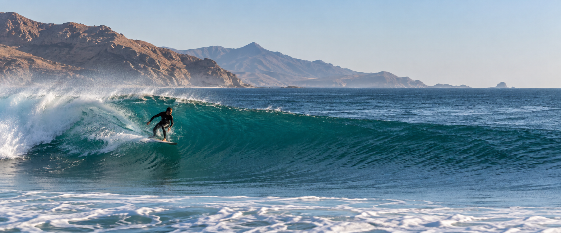 Surfer riding a turquoise wave off northern Baja's Pacific coast