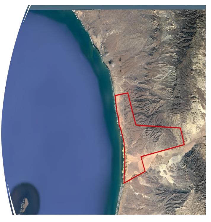 Satellite view of the coastline with the indicative project boundary outlined in red