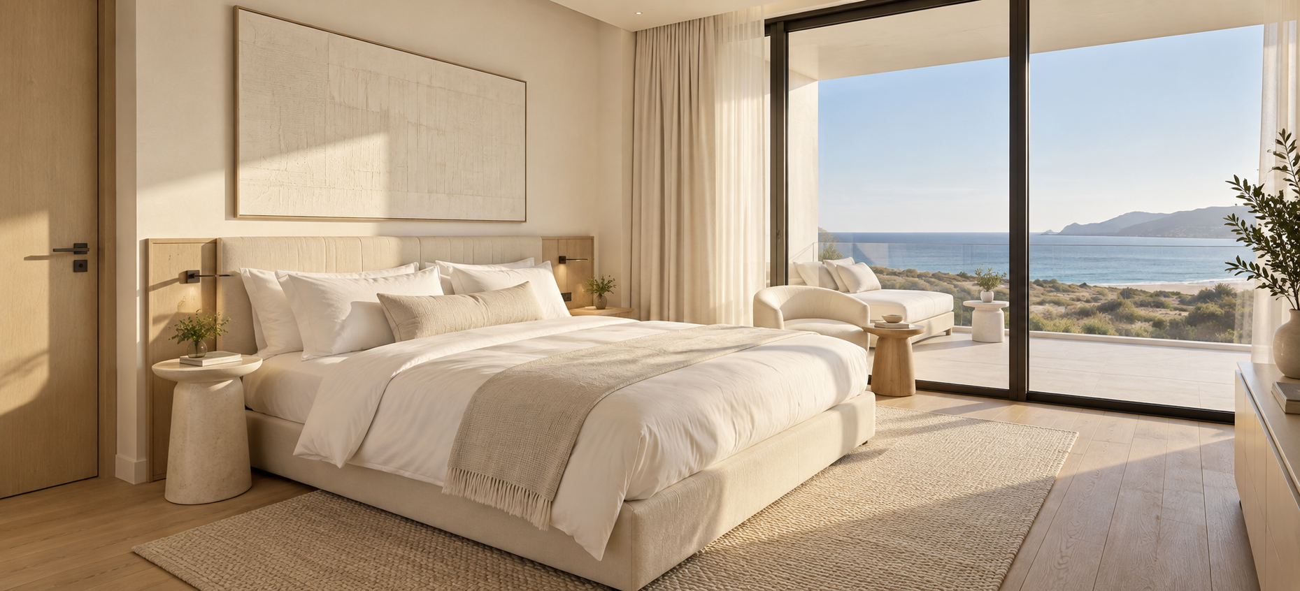 Artist's impression of a proposed villa bedroom opening onto an ocean-view terrace