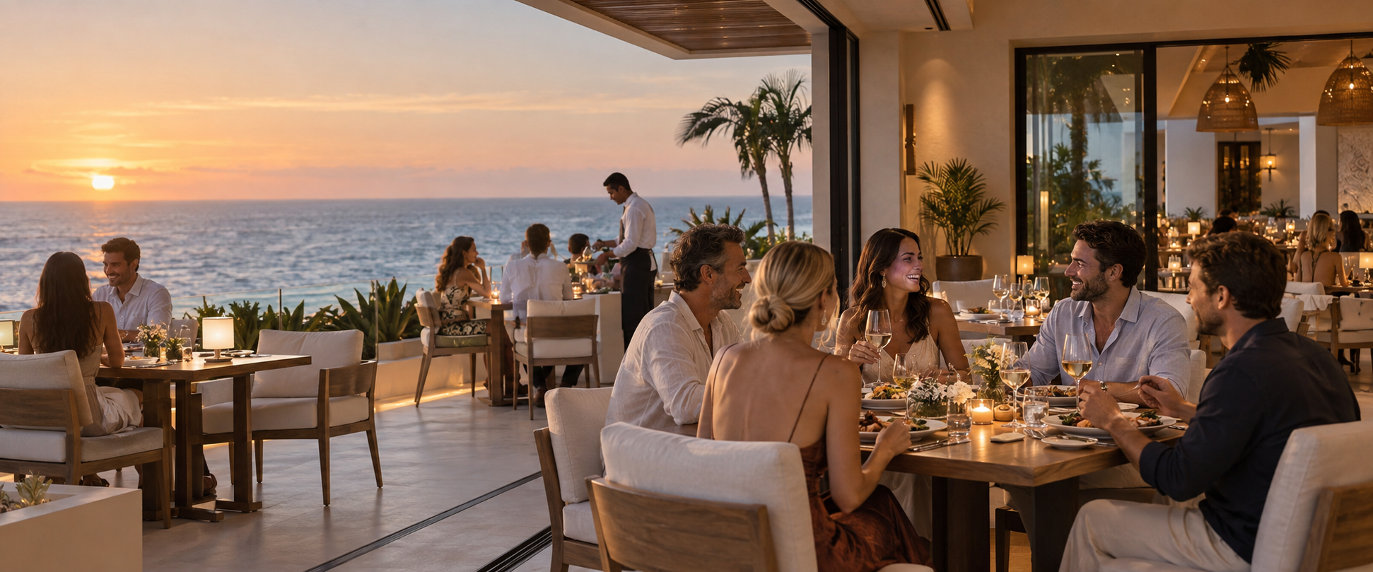 Illustration of a terrace restaurant with dining tables overlooking the Pacific