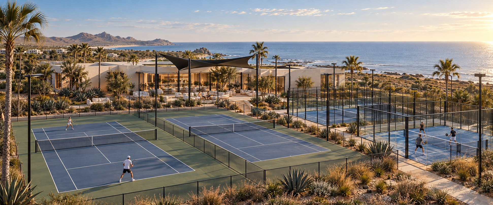 Rendering of the planned sports courts beside a beach pavilion, ocean beyond