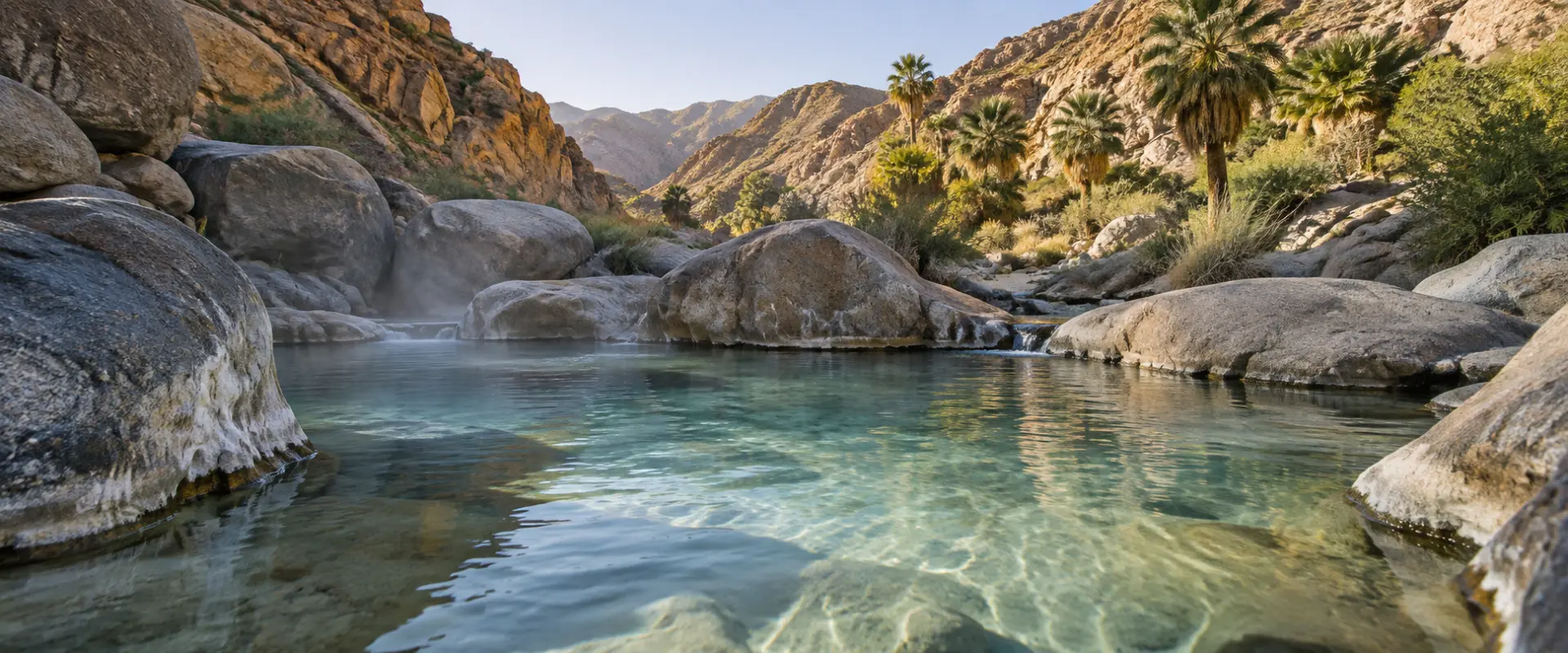 Natural hot spring pool among boulders and palms in a desert canyon