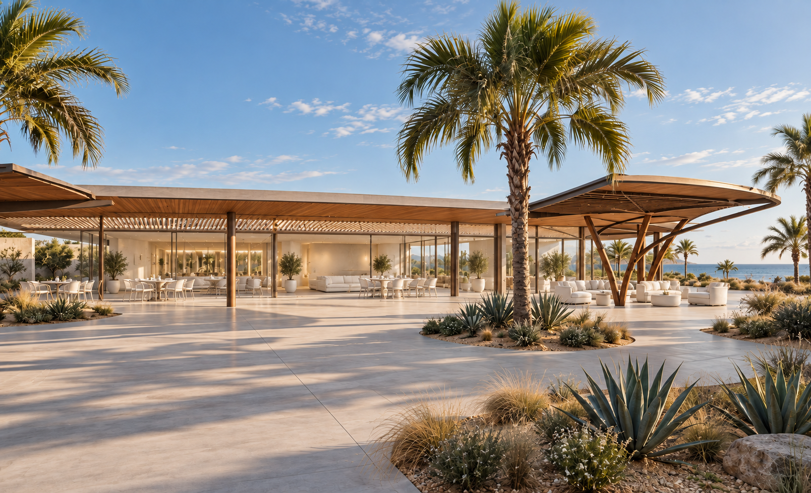 Illustration of the planned beach club terrace with palms and the ocean beyond