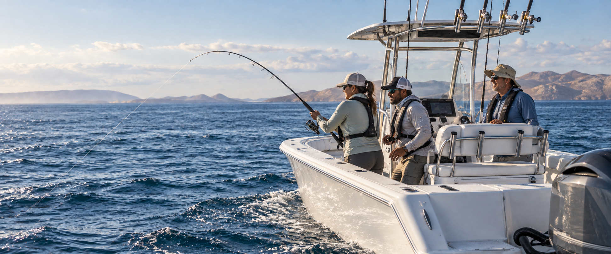 Anglers playing a fish from a centre-console boat off the desert coast of Baja California