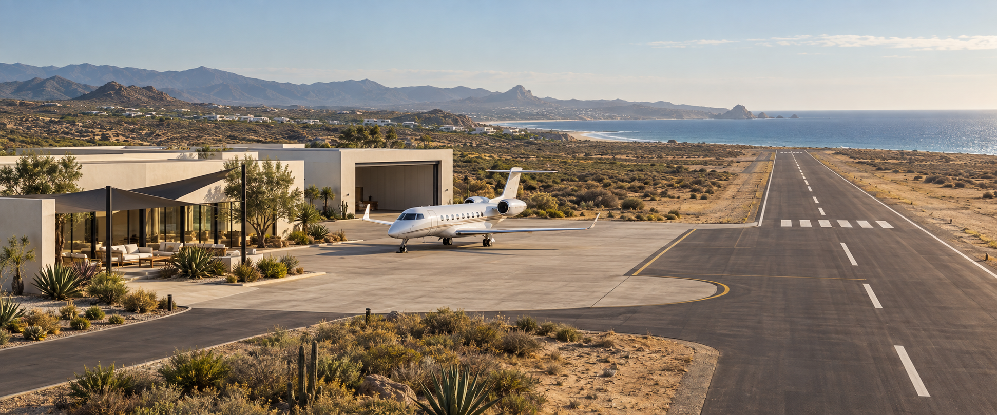 Rendering of the proposed airstrip beside the coast with a private aircraft