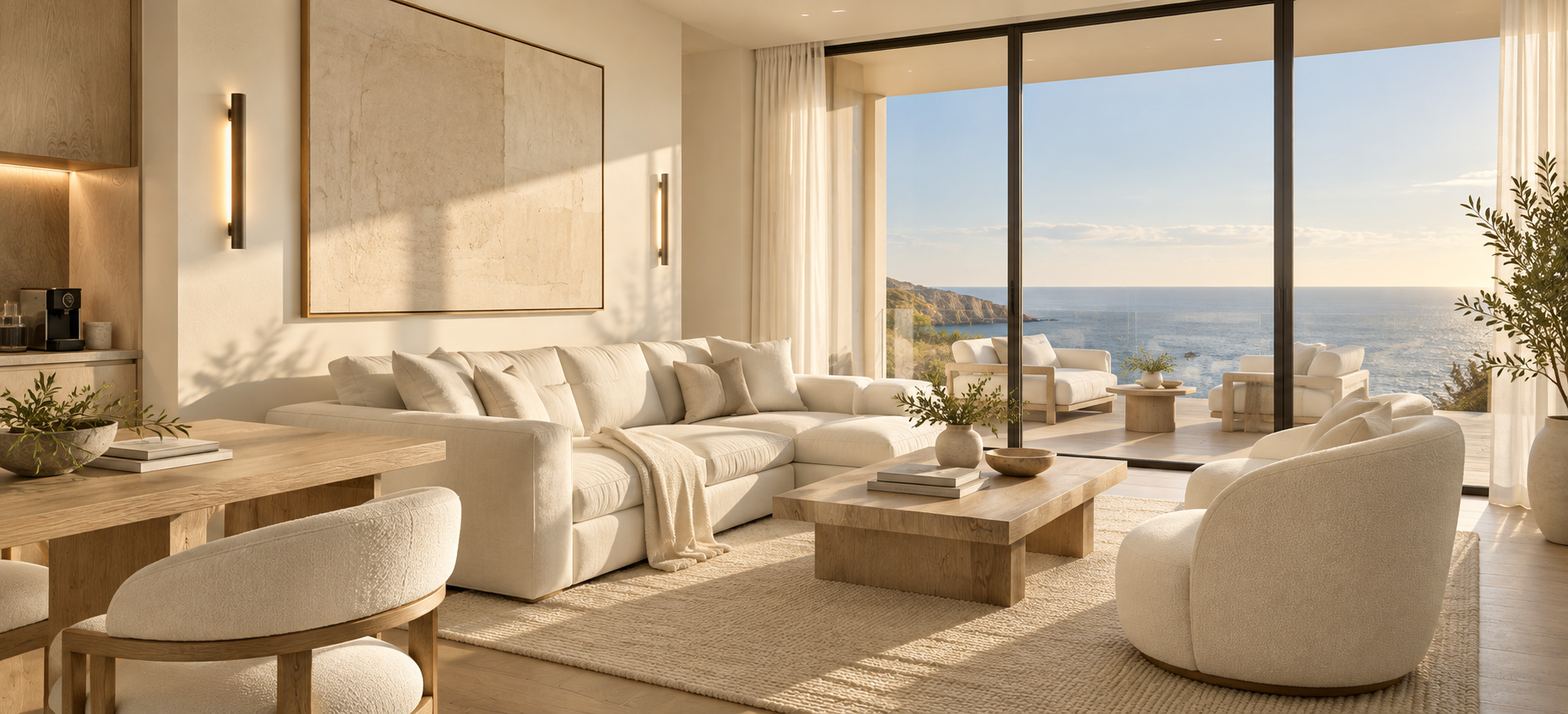 Artist's impression of a proposed villa living room with full-height glazing and ocean view