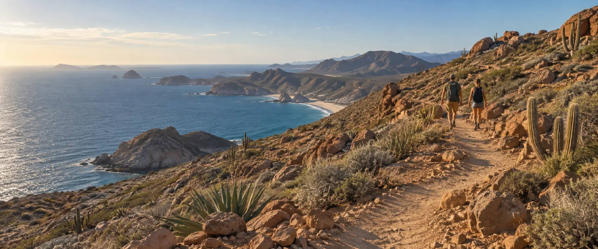 Two hikers on a desert trail overlooking a Pacific cove