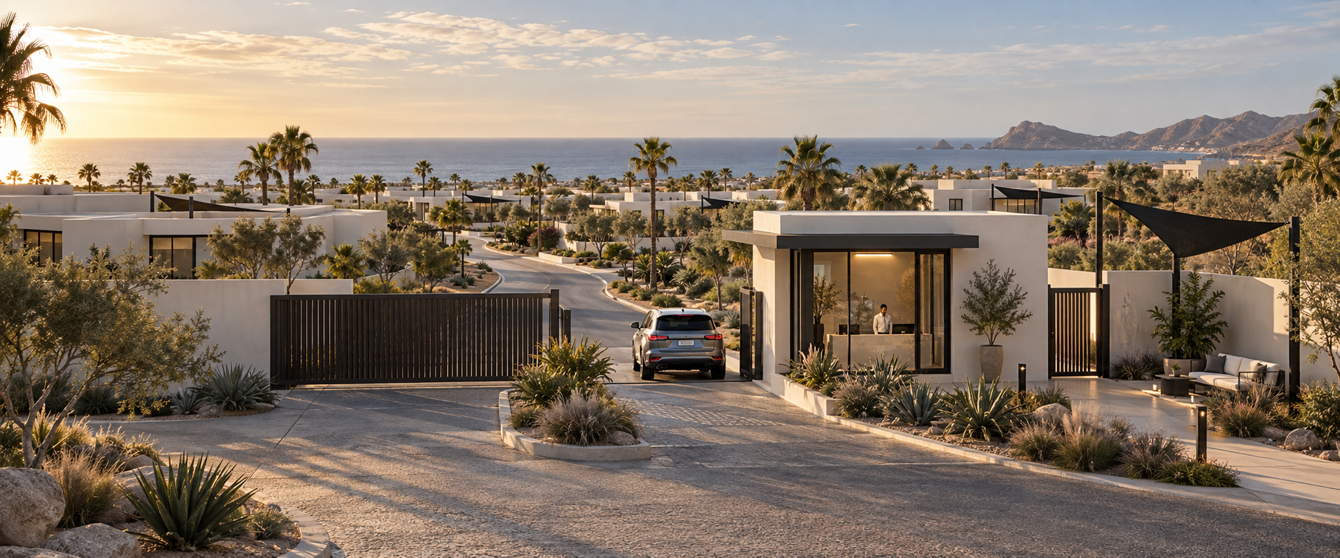 Rendering of the planned gated entrance avenue lined with palms at sunset