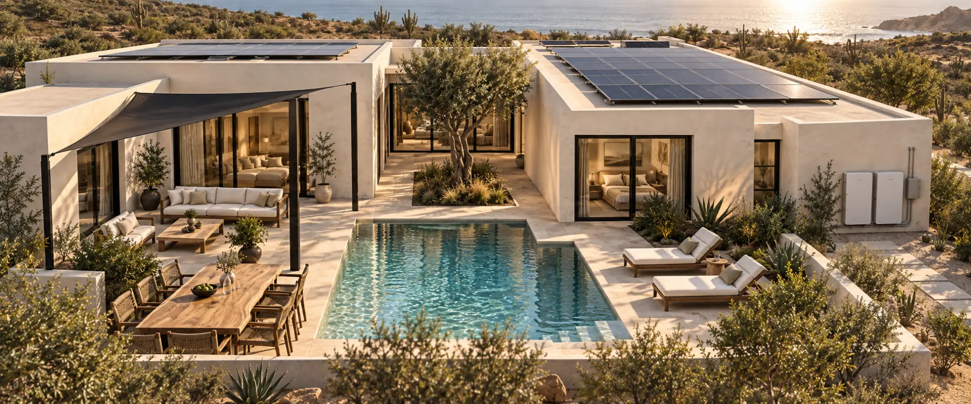 Artist's impression of a proposed villa with rooftop solar panels above the Pacific coast