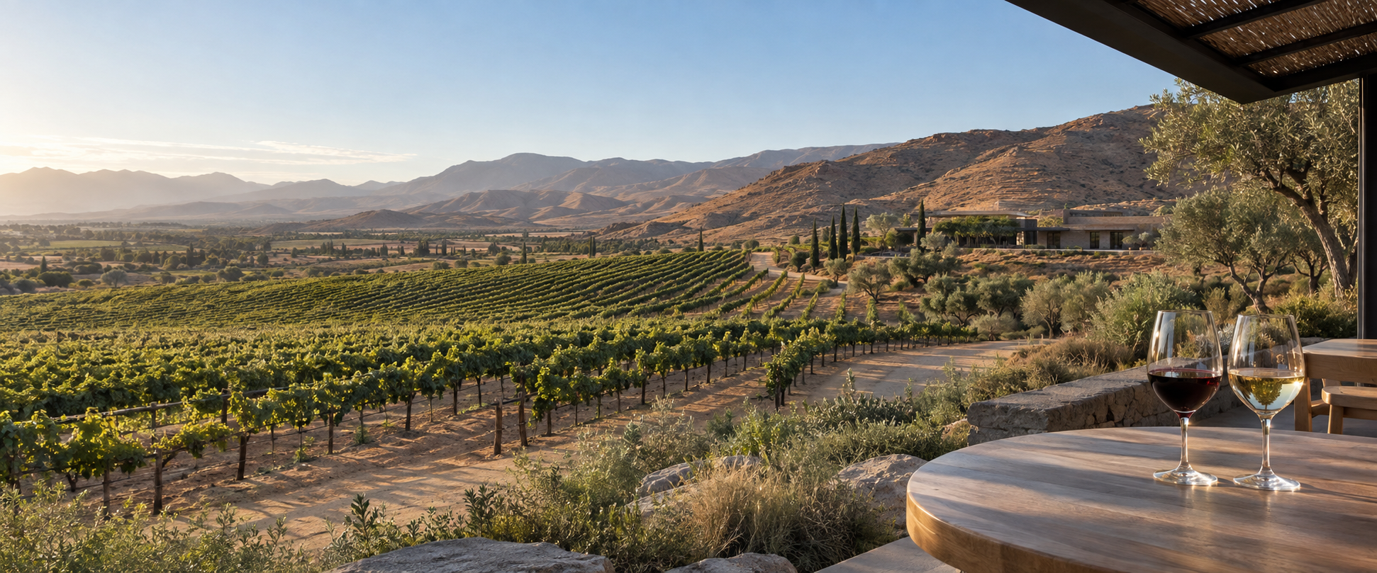 Vineyard rows below desert hills in Valle de Guadalupe at golden hour